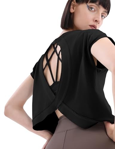 Women's Open Back Workout Crop Tops Short Sleeve Yoga Shirts Cute Athletic - Picture 3 of 7