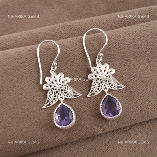 Pendientes boho elegantes étnicos de Navidad con gota de iolita natural de pera de plata de ley - Imagen 3 de 9