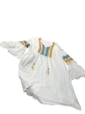 Kaktus womans embroided white blue boho tunic fairy bell sleeve dress M
