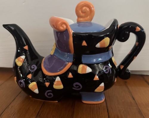 Vintage 90s Pottery Ceramic Halloween Witches Shoe Tea Pot Candy Corn Colorful