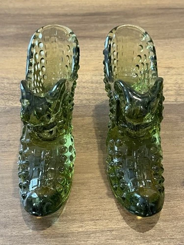 Vintage Fenton Olive Green Hobnail Glass Cat Head Slipper Pair