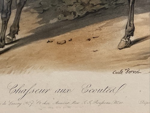 Stampa antica tenuta-caccia equestre Jazet-Carl Vernet "Chasseur aux Ecoutes" - Foto 5 di 20