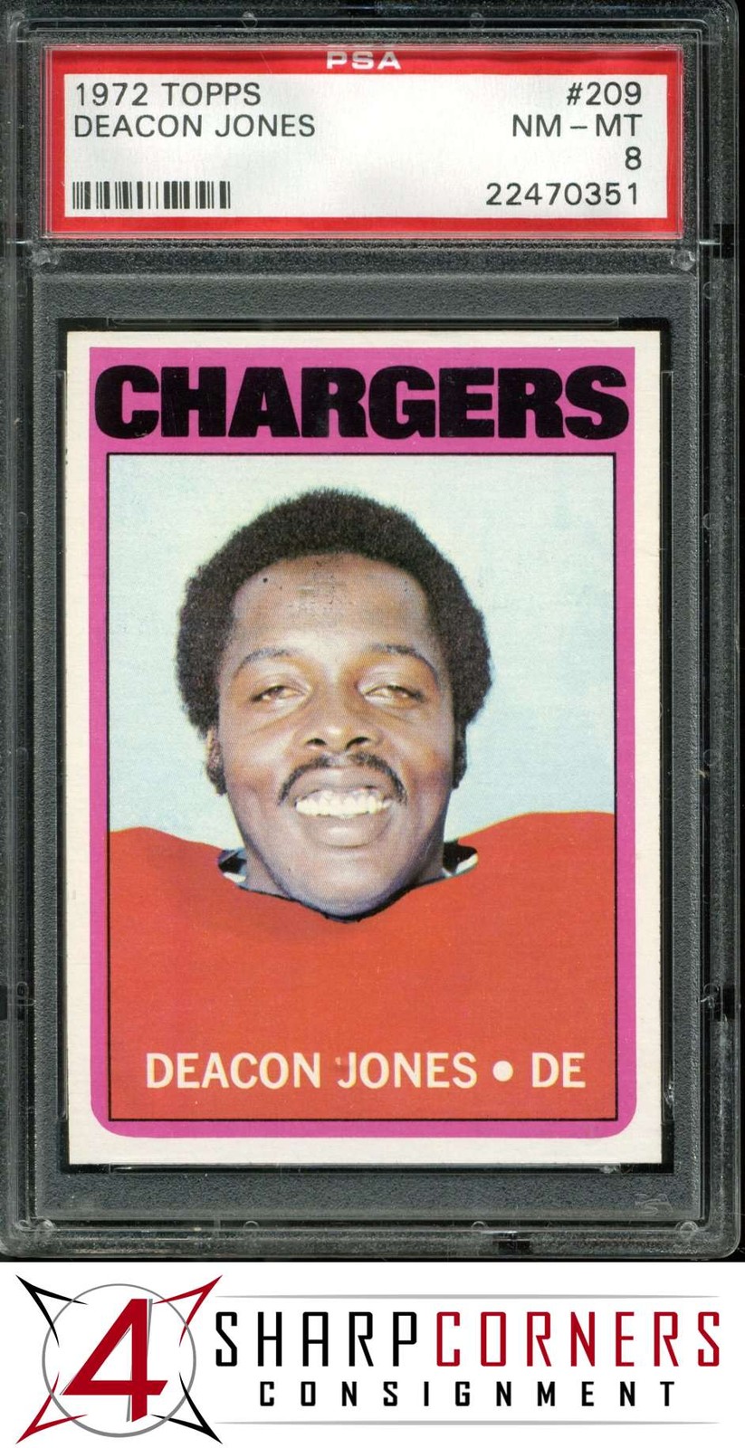 1972 TOPPS #209 DEACON JONES CHARGERS HOF PSA 8
