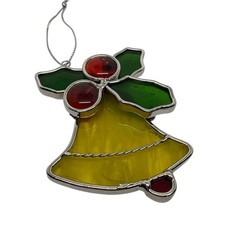 Stained Glass Bell Ornament Holly Berries Christmas Tree Decor Festive Red Green