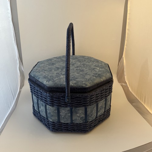 Vintage Extra Large Wicker Sewing Basket Octagon Shape Blue - Picture 4 of 8