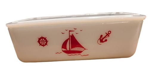 Vintage McKee Milchglas Segelboot Design rechteckig Behälter Deckel Schiffe rot - Bild 8 von 18