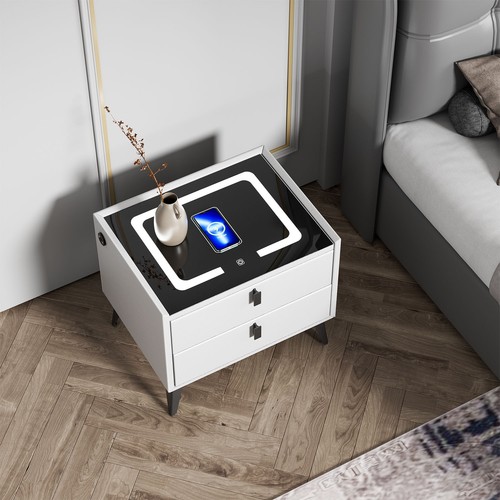LED Bedside Table with 2 Drawers Wireless Charging Side Cabinet Nightstand White - Picture 11 of 16