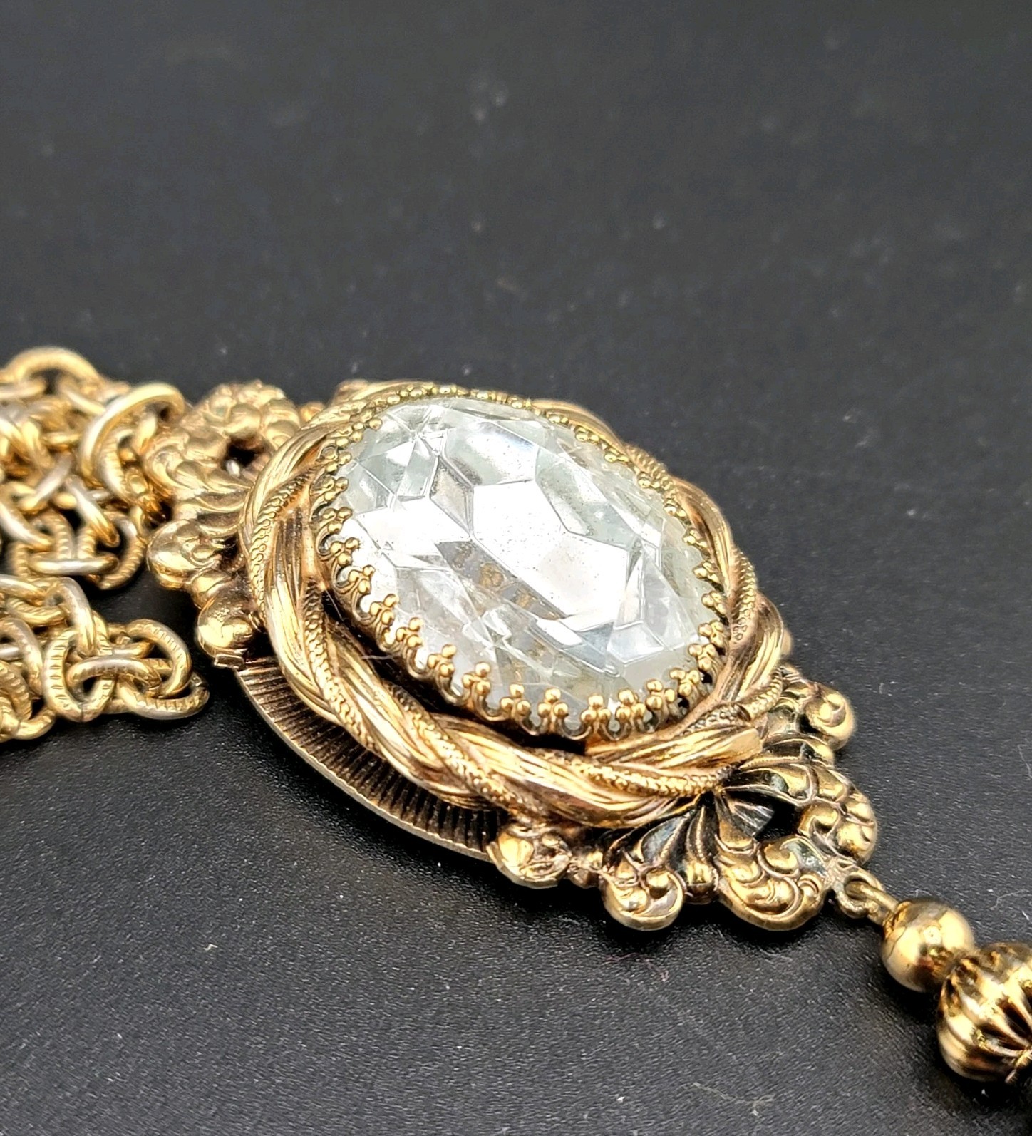 Vtg Pendant Necklace 23" Chain Large Rhinestone w… - image 1