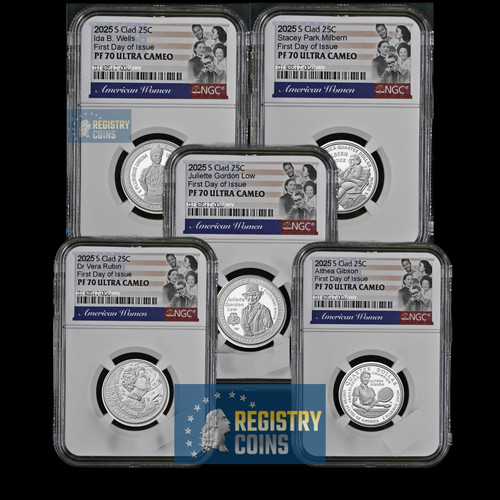5 Coin Set - 2025 S CLAD 25c AMERICAN WOMEN PROOF SET PF70 First Day Issue, FDI - Picture 1 of 1