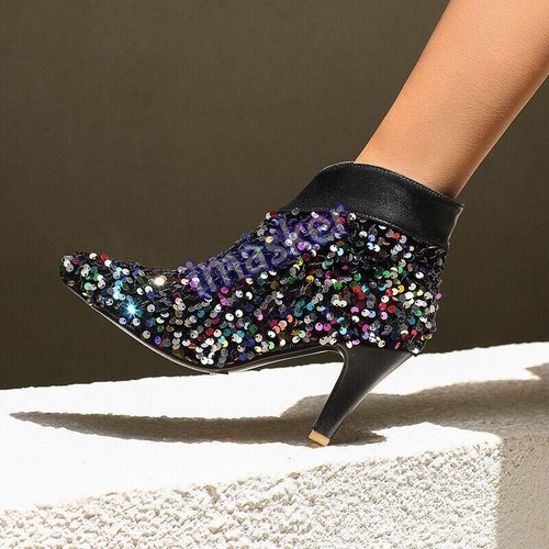 Women's Pointed Toe High Heels Sequins Zip Ankle Boots Party Casual Dress Shoes - Picture 9 of 18