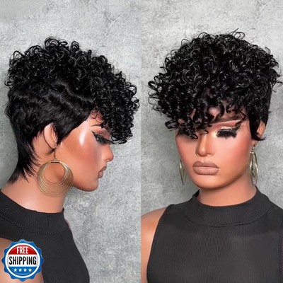 SAEIALL Curly Wave Short Pixie Cut Wig Human Hair for Black Women Full Machin