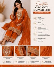 Custom Burnt Orange Organza Salwar Suit Set With Dupatta  Hand Embroidered...