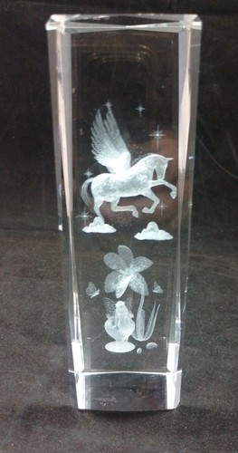 3D Laser Etched Glass Crystal Cube Unicorn And Fairy. 4.5x4.5x14.5cm. Chip i14 - Picture 1 of 9
