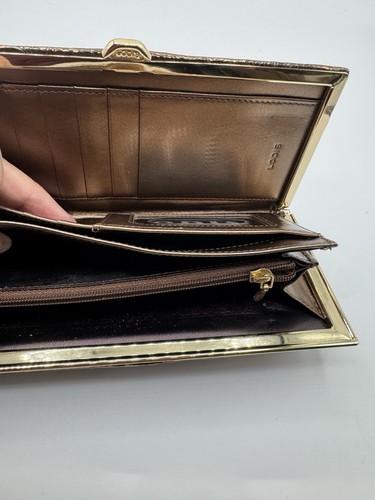 Lodis Gold Framed Bronze Metallic Textured Leather Clutch Organizer 7.5”x4” - Picture 6 of 11