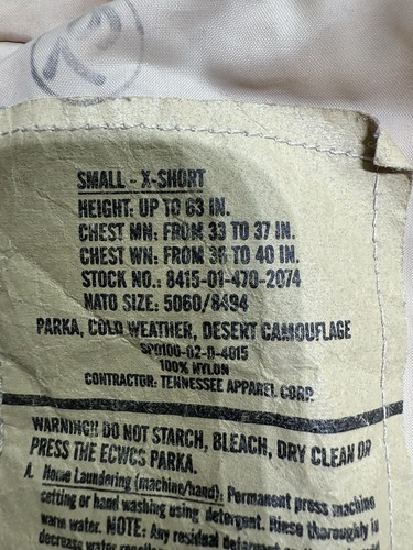 Chaqueta Parka USGI Desert Camo Goretex Clima Frío ECWCS Pequeña Corta - Imagen 10 de 15