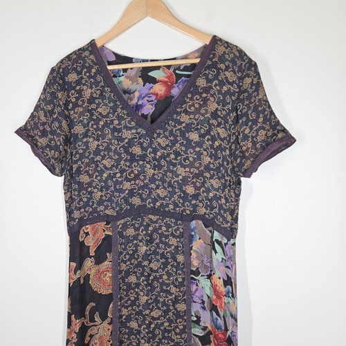 Vintage Carol Anderson Reversible Floral Patchwork Midi Dress V-Neck Large Rayon - Picture 2 of 11