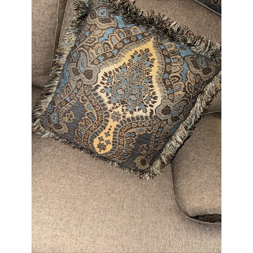 Brown Turquoise Blue Brocade Fringed Throw Pillows Upholstery 24x24 Fringe Incl - Picture 4 of 6