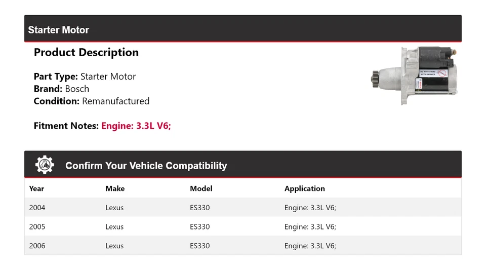 适用于 2004 - 2006 年雷克萨斯 ES330 3.3L V6 博世入门器(重新制造)2005 — 第 2/4 张图片