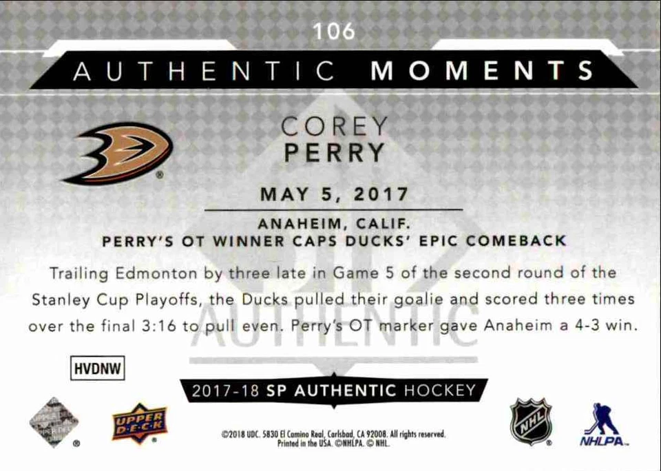 2017-18 Upper Deck SP Authentic Authentic Moments Corey Perry #106 - Image 2 of 2