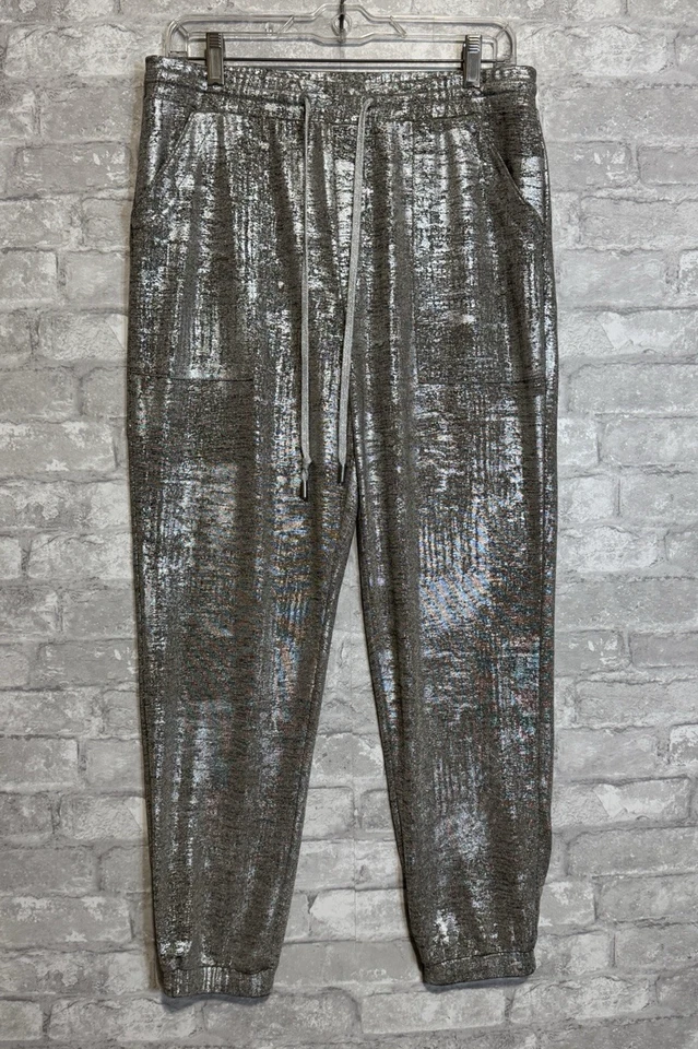 Pantalones de chándal Anthropologie Sloane plateados brillantes cintura elástica cordón talla pequeña Foto 4 de 4