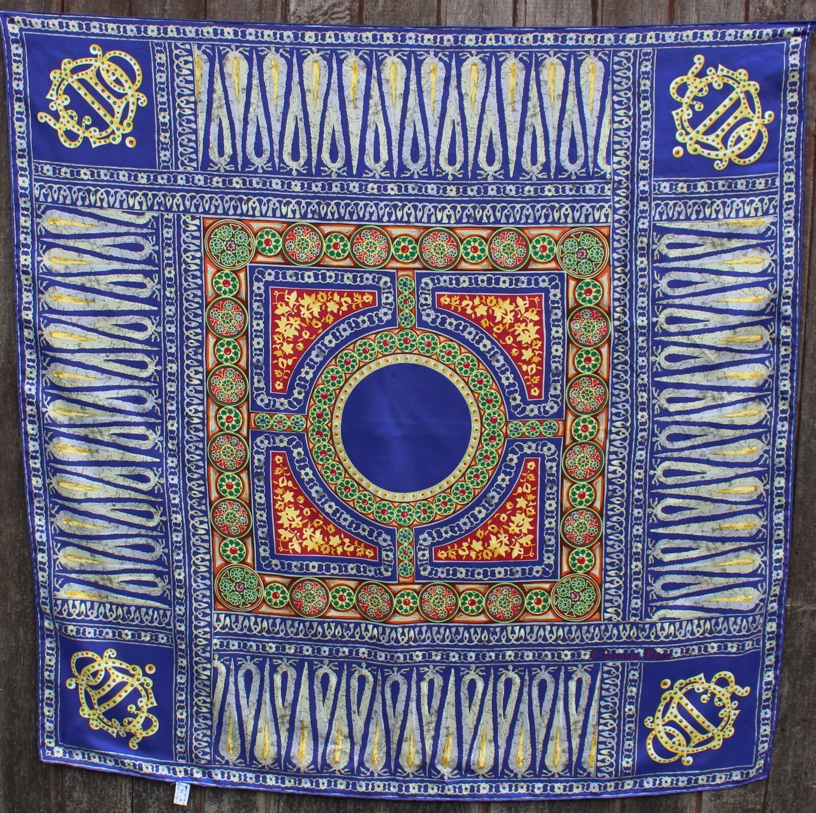 CHRISTAIN DIOR ancien foulard en soie motif bijoux bleu rare