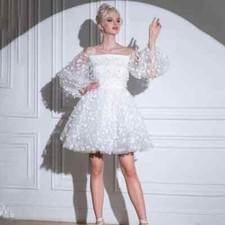 Elegant Lace Floral Wedding Dresses Off Shoulder Puff Sleeves Short Bridal Gowns