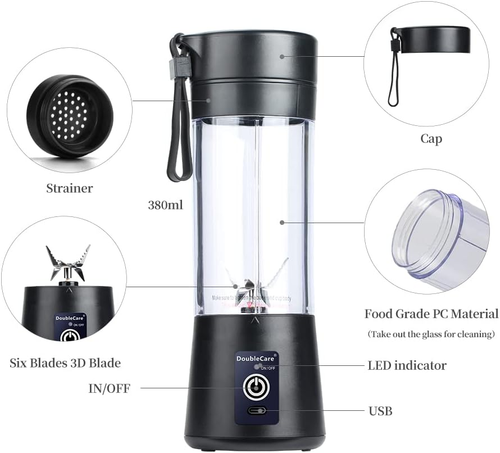 USB Portable Blender Cup for Smoothies & Shakes, 380ml, Black - Picture 2 of 11