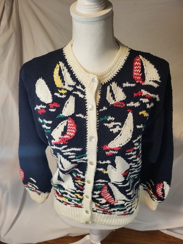 Vtge Orvis Size M Navy Blue Knit Cardigan Sweater Sail Boats Ramie Cotton Blend - Picture 1 of 7