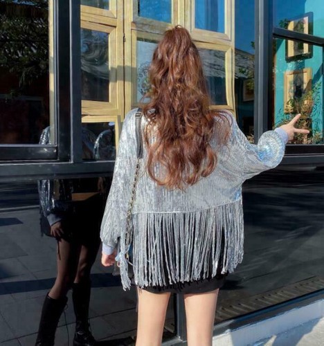 Womens Glitter Fashion Sequin Fringe Tassel Long Sleeves Jacket Coat Outwear NEW - Bild 2 von 18