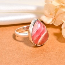 Natural Pink Rhodochrosite Stone Ring 925 Sterling Silver Boho Rings for Women