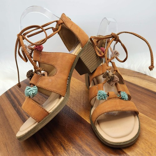 Maurices Ember Sandals 7 Camel Brown Zip Back Strappy Lace Up Tassel Stack Heel - Picture 13 of 14