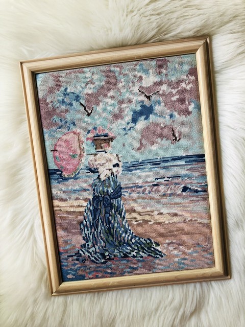 Vintage Framed Needlepoint Victorian Lady Parasol Completed Cross Stitch Art Vintage Framed Needlepoint Victorian Lady Parasol Completed Cross Stitch Art