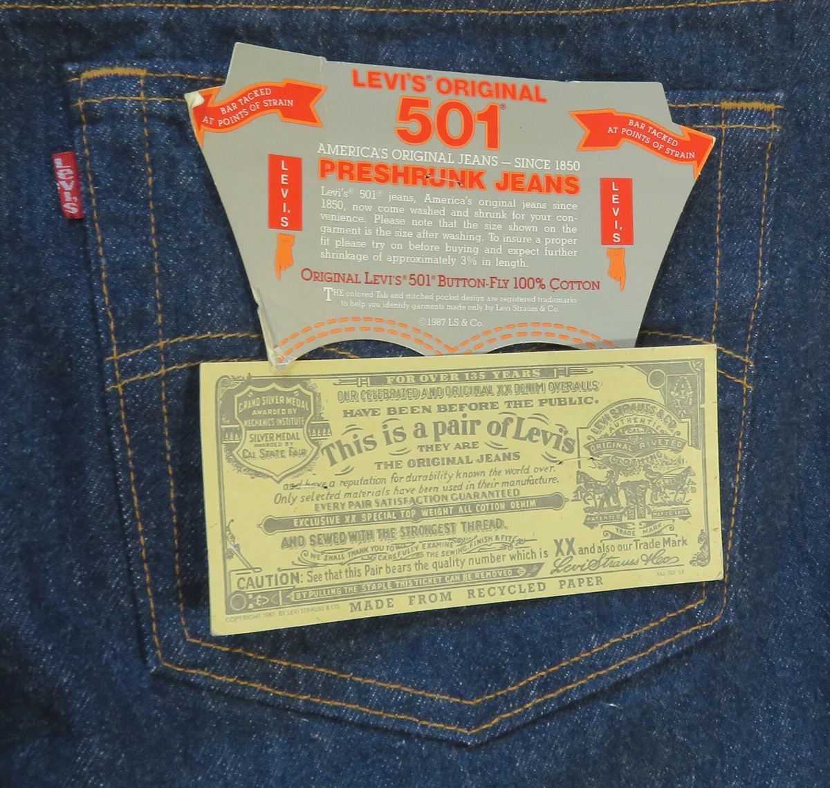Levis Vintage Denim Pants 1980's 501 Blue Jeans USA San Francisco 1987 38X34