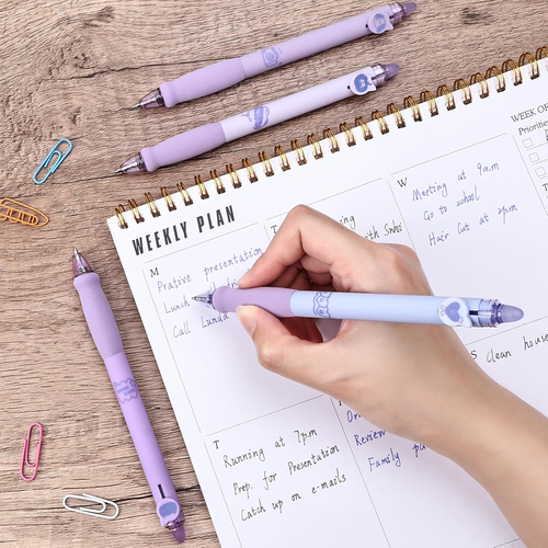 8 Pcs Cute Retractable Erasable Gel Pens Blue & Black Ink with Eraser Purple - Picture 4 of 12