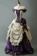 Ivory Purple History Victorian Evening Dress Off Shoulder Bustle Ruched Lace-up
