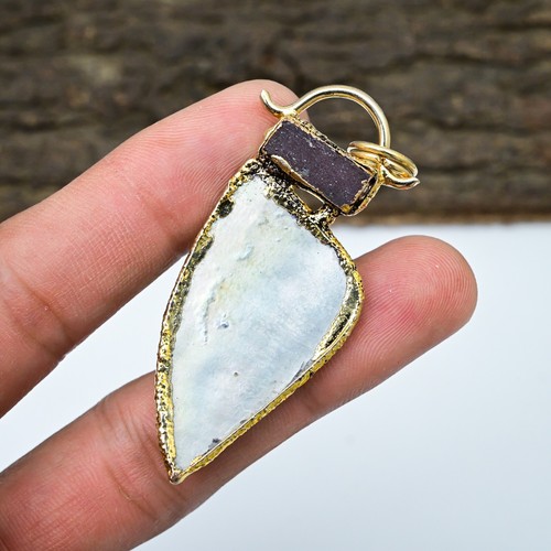 Mother Of Pearl , African Ruby 18k Gold Plated 925 Silver Electroforming Pendant - Picture 4 of 4