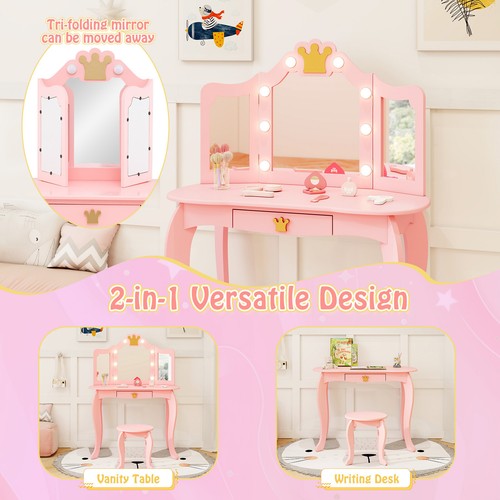 Kids Vanity Set Princess Vanity Table & Chair Set w/ Lighted Mirror - Picture 5 of 10