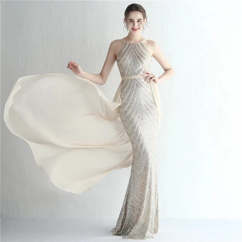 Elegant Gold Sequins Dress Evening Party Women Long Formal Evening Prom Dresses - Picture 28 of 30