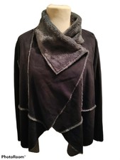 Faux Suede Sheepskin Black With Grey Fur Lined Wrap Jacket Size L. Lovestich