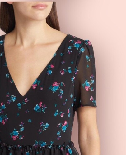 WAYF Womens Darlene Tiered Ruffled Short Sleeve Black Floral Midi Dress Large - Picture 2 of 16