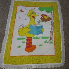 Vintage Handmade Sesame Street Baby Quilt Blanket Big Bird Reading Bedtime Story