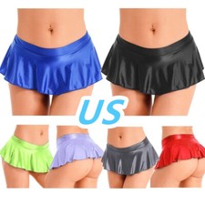 Women&#39;s Oil Glossy Low Rise Skirt Ruffled Pleated Skirt Miniskirt Nightwear