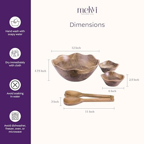 1 Wooden Large Salad Bowl & 2 Multipurpose Bowls with 2 Servers (Set of 5) | - Picture 5 of 7
