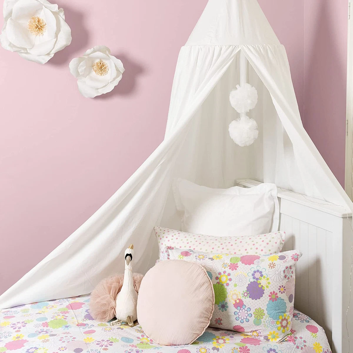 Posh Winkles princess bed canopy for girls room with pom pom kids canopy bed