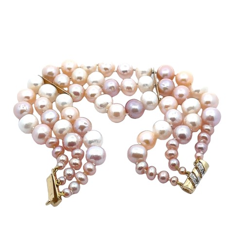 3 Strand Cultured Pearl Bracelet Diamond 14k Gold Clasp Bar Spacers - Picture 5 of 7