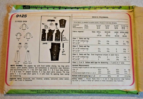 1979 Simplicity Pattern Uncut #9125 Men Pajamas Chest Size Large 42-44  - Picture 5 of 6