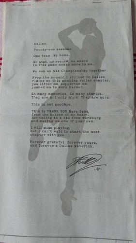 DIRK NOWITZKI THANK YOU DALLAS MORNING NEWS PAPER SUNDAY APRIL 21 2019 - Picture 1 of 5