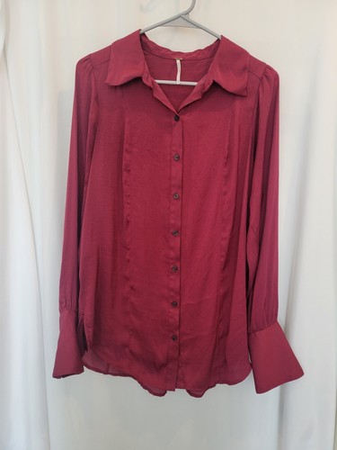Free People Button Down Shirt Red Size S Long Bishop-Style Sleeve - Picture 2 of 12