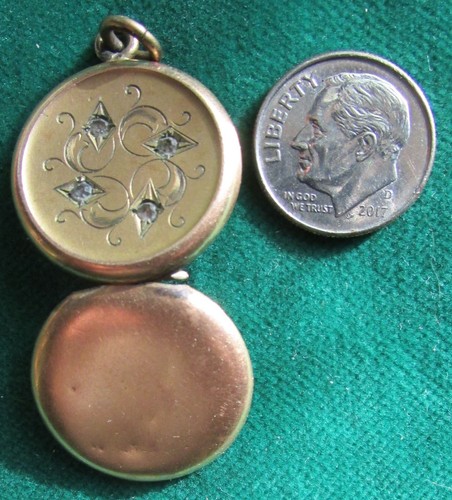 Pendentif médaillon photo ancien art nouveau déco gravé avec pierres claires plaqué or - Photo 3/5