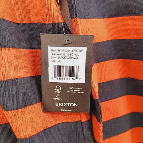 Brixton Beta Rugby Polo Shirt Mens XL Black Carmel Striped L/S Cotton Sports NEW - Picture 10 of 12